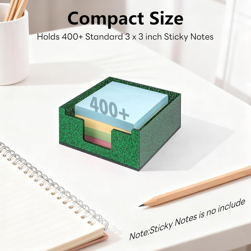 Luminzo Green Sparkling Sticky Note Holder, Glitter Acrylic Organizer, 3.94 x 3.94 in Multi-Use Tray for Office, School & Home Desk - Image 3